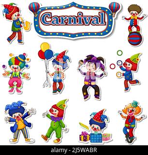 Sticker set of amusement park objects and cartoon characters ...