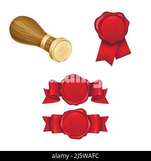 Red wax seals with ribbon and double-headed eagle embossed emblem, golden stamp with wooden handle 3d realistic vector set isolated on white backgroun Stock Vector