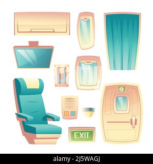 Modern airlines passenger aircraft saloon interior design elements cartoon vector set with comfortable seat, plug door, porthole, TV screen and signal Stock Vector