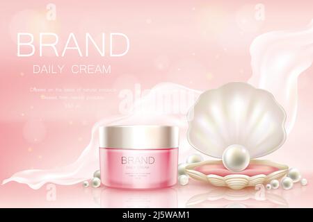 Vector 3d realistic advertising mock up - daily cream in pink jar, cosmetics background with light aerial fabric. Moisturizing essence with pearl in s Stock Vector