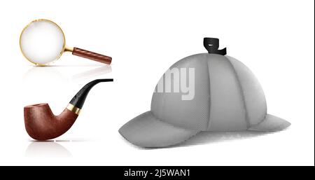 Vintage magnifying glass, retro smoking tobacco pipe and deerstalker cap 3d realistic vector icons set isolated on white background. Private detective Stock Vector