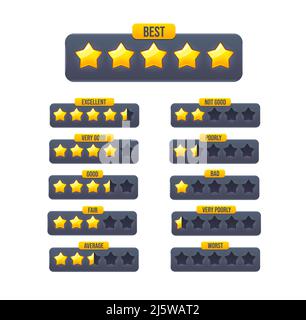 Five golden star review rate, graduation of customer feedback evaluation. Vector gold star rating of service and product quality with ranks from worst to best, customer feedback ranking bars Stock Vector