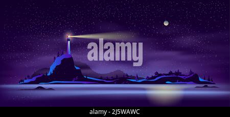 Working at night alone lighthouse on wild rocky island seashore in northern sea cartoon vector background. Sailing and navigation in unfamiliar waters Stock Vector