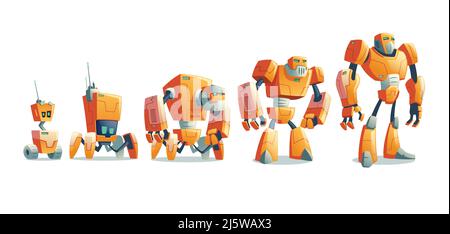 Robots technological evolution from primitive wheeled droid over four-footed android to humanoid cyborg cartoon vector illustration isolated on white Stock Vector