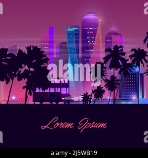 Modern metropolis elite real estate cartoon vector banner. Classic double-decker bus going on night highway with palm trees on roadside, illuminated s Stock Vector