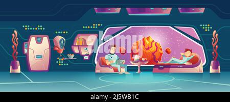 Future starship crew members, female and male astronauts, deep space explores, tourists or colonists couple resting in space station, orbital hotel or Stock Vector