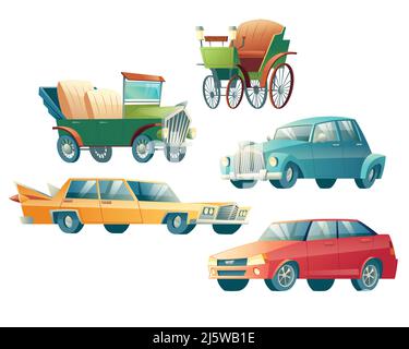 Modern and retro cars cartoon vector icons set isolated on white background. Primitive, steam-powered automobile, 19th century gasoline vehicle and co Stock Vector