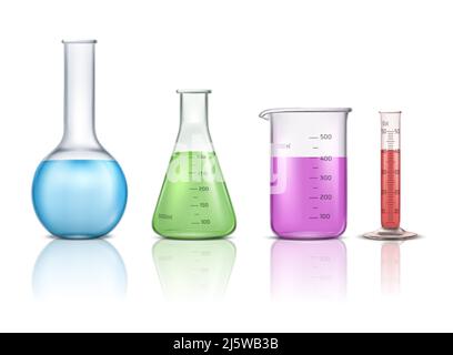 Laboratory glassware 3d realistic vector set isolated on white background. Graduated lab tube, beaker and flask filled different colors liquids illust Stock Vector