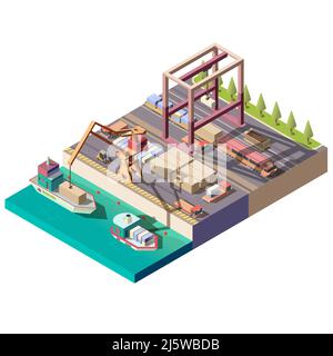 Sea port isometric vector icon with handling gantry crane on quay loading, unloading shipping container on cargo ship, trucks and train transporting f Stock Vector