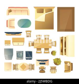 Furniture and kitchen appliances top view cartoon vector set isolated on white background. Sofa, dining table, double bed, fireplace, work desk illust Stock Vector
