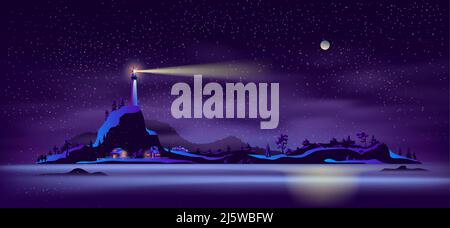 Night landscape of remote settlement on island in northern sea cartoon vector in neon colors with far glowing lights of cottage houses on snowy shore Stock Vector