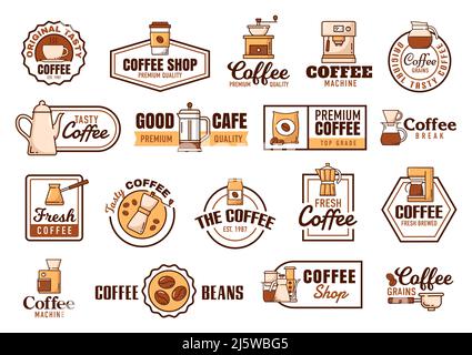 Coffee cups line icons, coffee machine and pack, mug and french press, vector symbols. Coffee espresso, cappuccino and Americano linear icons for cafe or cafeteria and coffee shop or house Stock Vector