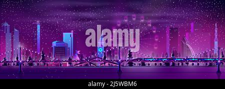 Night city neon colors cartoon vector panoramic background with old clock tower among modern skyscrapers, Ferris wheel and high-speed or subway train Stock Vector
