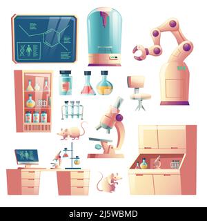 Science genetic laboratory equipment, glassware and tools cartoon vector set isolated on white background. Laboratory rats, robotic hand, microscope, Stock Vector
