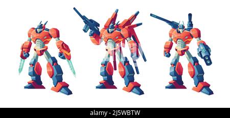 Battle robots, transformers armed laser swords, plasma gun and shoulder cannons cartoon vector set isolated on white background. Alien robotic form of Stock Vector