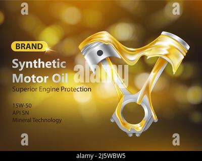 Brand new synthetic motor oil 3d realistic vector advertising banner with internal combustion engine pistons in fluid and dripping lubricant illustrat Stock Vector