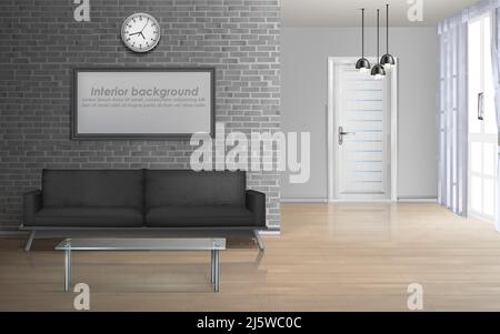 House living room, apartment hall interior in minimalistic style 3d realistic vector mockup with coffee table and sofa, blank paintings frame on brick Stock Vector
