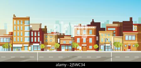 Modern city, town street flat vector with low-rise houses, commercial, public buildings in various architecture styles, sidewalk with city lights and Stock Vector