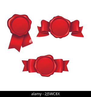 Vector 3d realistic sealing wax collection - set with ribbons. Labels for awards, guarantee and letters. Vintage decoration object, tag for secret mes Stock Vector