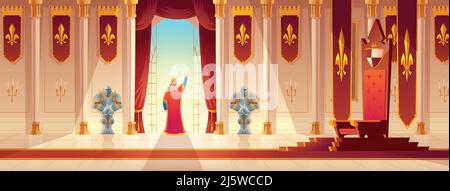 Medieval ruler coronation ceremony, celebrating victory in war cartoon vector concept. Throne on pedestal, knight guards and emperor or king greeting Stock Vector