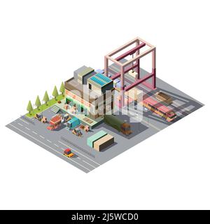 Commercial warehouse building with loading, unloading cargo vehicles near roll gates isometric vector isolated on white background. Delivery, postal s Stock Vector