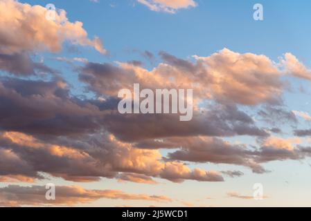 Fluffy purple clouds on blue sky at dramatic sunset. Stock Photo