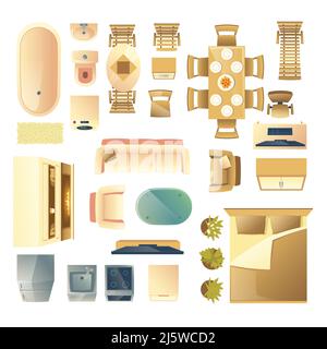 Modern living and bedroom wooden furniture, kitchen and bathroom appliances top view cartoon vector illustration set isolated on white background. Hom Stock Vector