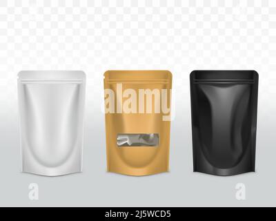 Goods polyethylene packaging types 3d realistic vector isolated on transparent background. Various polythene sachet, sealed, disposable white, black a Stock Vector