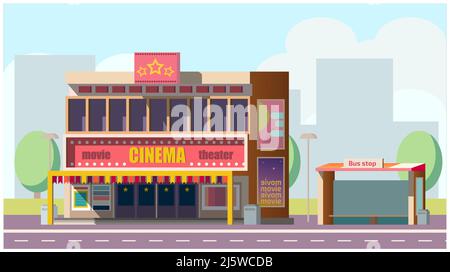 Modern city street with two way road, movie theater or cinema hall building with posters on signboard, empty bus stop flat vector. Cinema industry, en Stock Vector