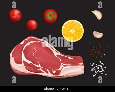 Raw marbled meat fillet, portion to cook steak or grill with spices and vegetables 3d realistic vector isolated on black background. Beef tenderloin f Stock Vector