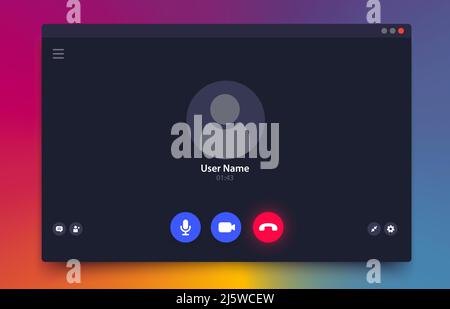 Videocall interface, vector ui of video chat call screen, laptop, desktop computer and mobile phone app. Online conference or webinar incoming videocall window overlay with user icon and buttons Stock Vector