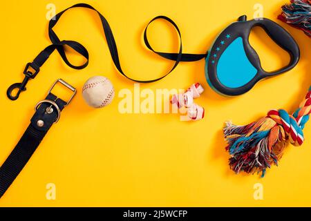 Toys -multi coloured rope, ball, leather leash and bone. Accessories for play and training on yellow background top view. Still life. Copy space. Flat Stock Photo