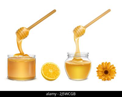 Fresh honey flowing and dripping from wooden dipper in various form glass jars, orange slice and flower 3d realistic vector isolated on white backgrou Stock Vector