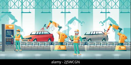 Car factory robotized production line cartoon vector. Technicians controlling vehicle body welding and painting with robotic hands on conveyor belt il Stock Vector
