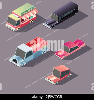 Various passenger, business and cargo retro cars moving on highway isometric projection vector. Ice cream van, hearse, pickup truck muscle car illustr Stock Vector