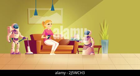 Cleaning and cooking robot cartoon vector concept. Happy woman resting in comfort on sofa, drinking coffee, controlling housekeeping robotic servants Stock Vector