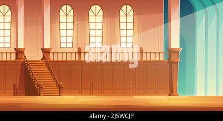 Medieval castle, church or cathedral spacious hall with wooden stairs on balcony with large windows and columns cartoon vector background. Ancient, go Stock Vector