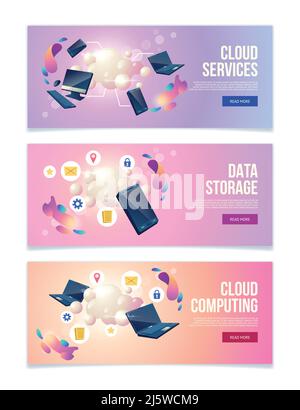 Cloud computing and data storage online services, hosting company web banners, landing pages set with personal computers, laptops and mobile phones, i Stock Vector