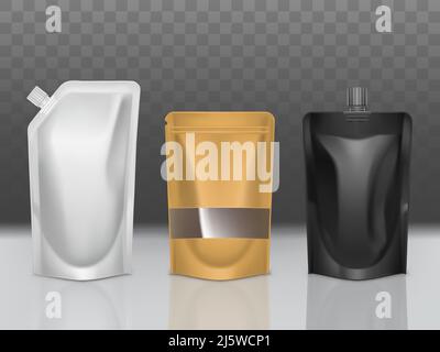 Sealed, various color, blank sachets for food 3d realistic vector set isolated on transparent background. Mayonnaise, ketchup, mustard, sauce, liquid Stock Vector