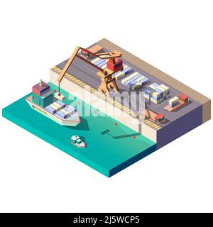 Sea port isometric vector icon with handling gantry crane on quay loading, unloading shipping container on cargo ship, trucks transporting freights fr Stock Vector
