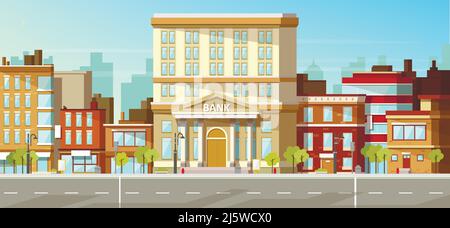 Modern city, town street flat vector with low-rise houses, commercial, public buildings in various architecture styles, sidewalk with city lights and Stock Vector