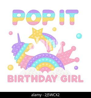 Popit birthday girl sublimation in fidget toy style. Bubble pop it birthday lettering. Pop it t-shirt design as a trendy silicone toy for fidget in pi Stock Vector