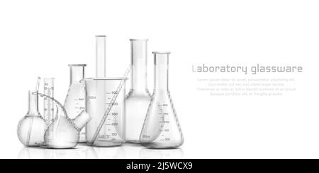 Chemical, biological science laboratory glassware collection 3d realistic vector banner, poster. Empty, graduated with milliliters scale glass tube, b Stock Vector