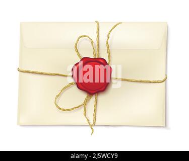 Post paper envelope sealed with rope and red wax seal 3d realistic vector icon isolated on white background. Correspondence confidentiality, letters s Stock Vector
