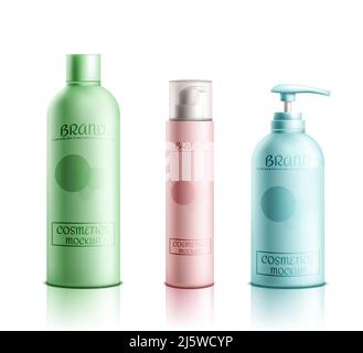 Skincare cosmetics products line packaging mockup 3d realistic vector isolated on white background. Color shampoo, lotion tube, liquid soap bottle wit Stock Vector