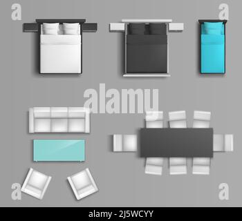 Sleeping bed with various color linens and pillows, soft chairs and dining table top view realistic vector set isolated on grey background with shadow Stock Vector
