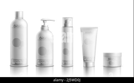 Skincare cosmetics products line packaging mockup 3d realistic vector isolated on white background. Blank white shampoo, lotion tube, liquid soap bott Stock Vector