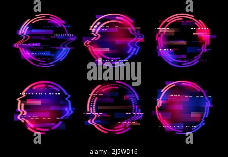 Abstract neon circle rings or glitch frames, futuristic technology vector background. Glitch light effect in round neon circles, digital distortion an Stock Vector