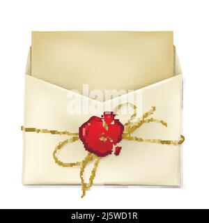 Opened paper envelope with broken red wax seal and letter or card inside 3d realistic vector illustration isolated on white background. Vintage mail m Stock Vector