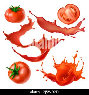 Whole and sliced on half fresh tomatoes, tomato juice splashes and swirls 3d realistic vector illustrations set isolated on white background. Organic Stock Vector